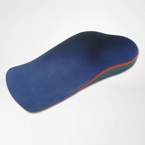 A foot insole in a colour combination of blue, orange and grey. It is considered one of Bauerfeind Australia's best recovery foot insoles, Globotec Junior.