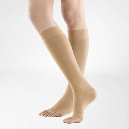 A caramel colour compression stockings. It is one of Bauerfeind Australia's best compression stockings, VenoTrain Knee High Open Toe Compression Stockings (Caramel).