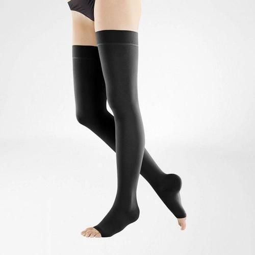 A black colour compression stockings. It is one of Bauerfeind Australia's best compression stockings, VenoTrain Open Toe Compression Stockings (Black).